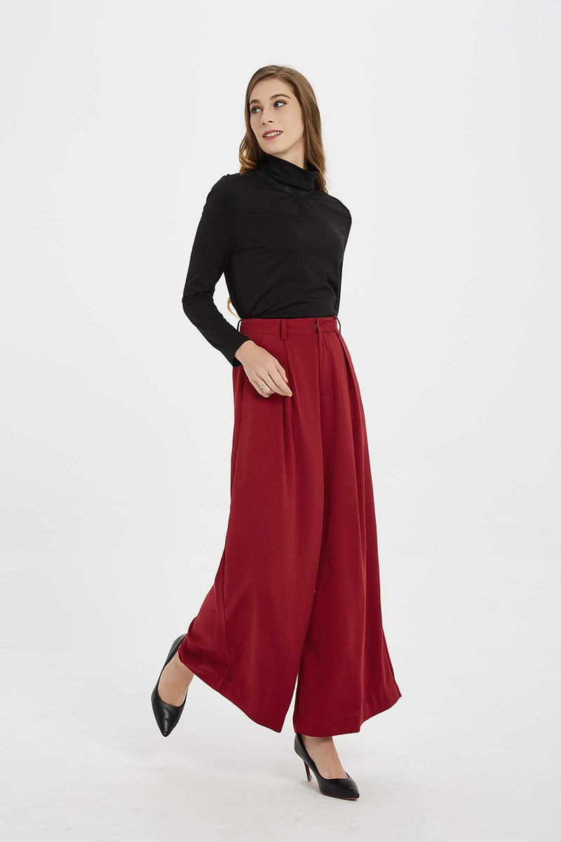Tronjori Women High Waist Casual Wide Leg Long Palazzo Pants Trousers Regular Size(M, Dark Red) - Image 4